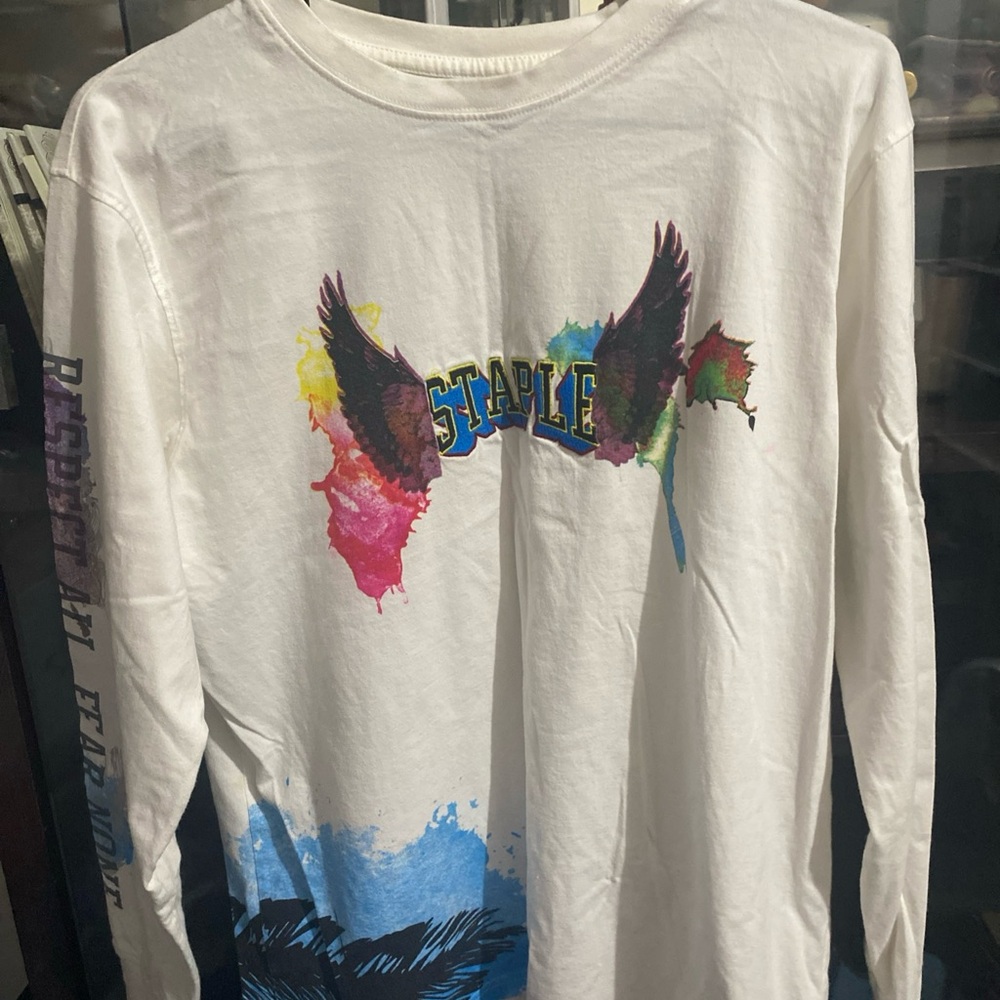 Staple Men’s white long sleeve t-shirt, graphic wings Size M, Cotton,